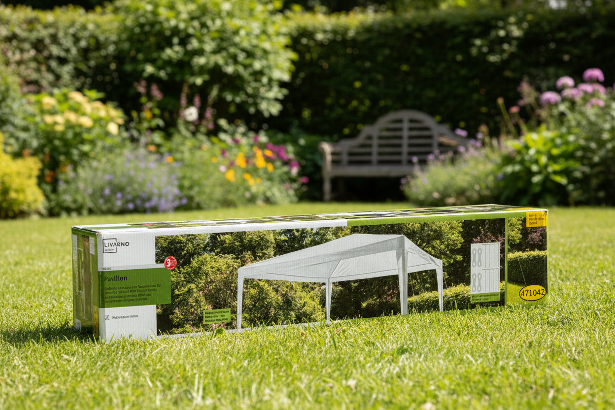 Weißes Pavillon 295 cm breite und 250 cm hoch.