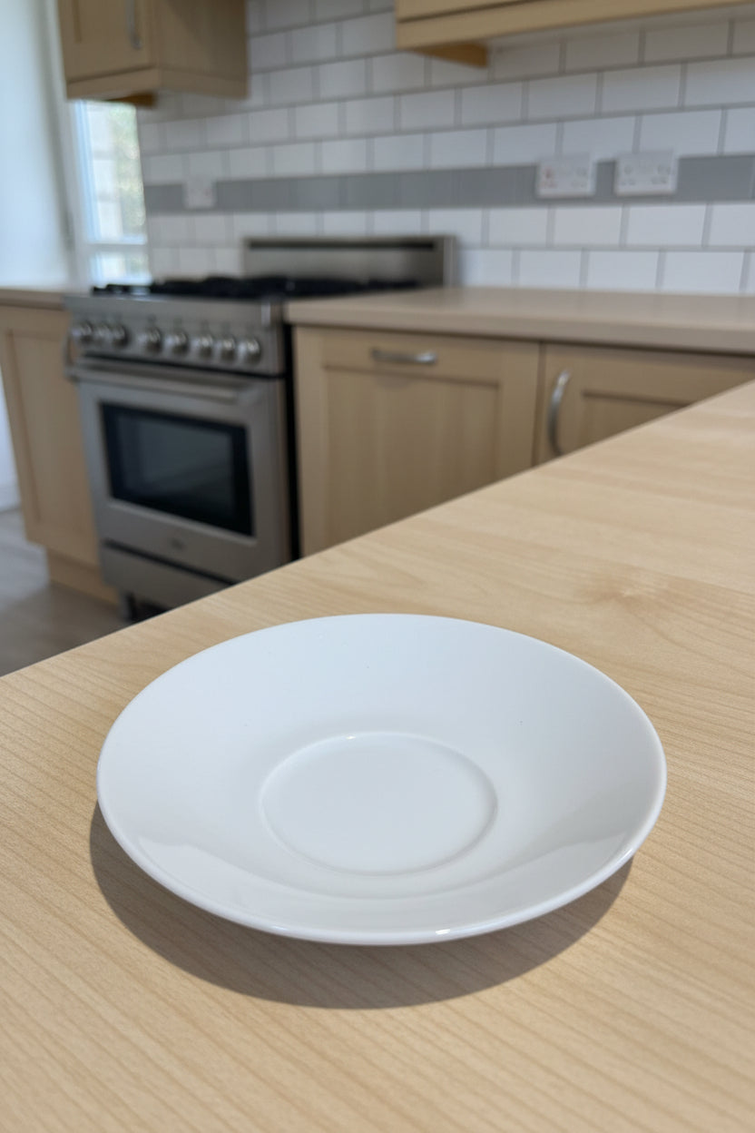 Weiße Espressotasse mit Unterteller und moderner Kelchform ca. 6 cm hoch