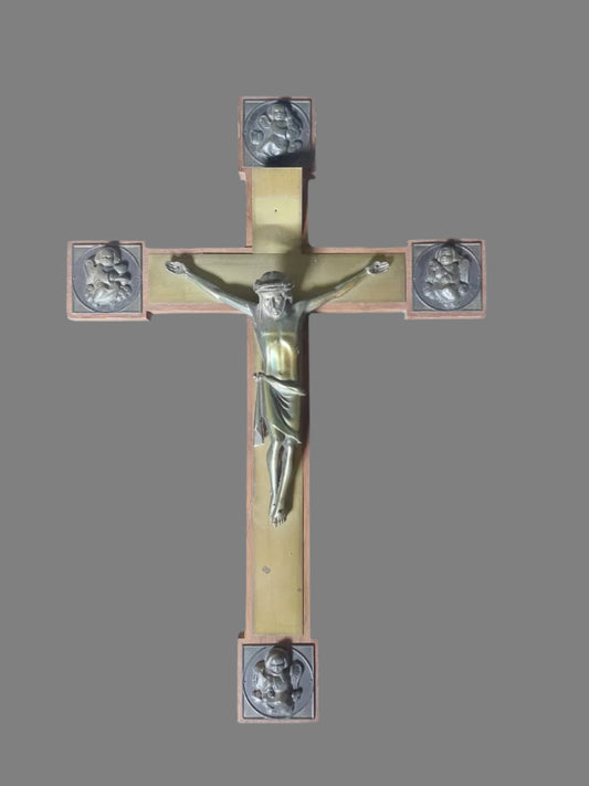 Kreuz Vintage Jesus mit 4 Engeln Eiche Messing ca. 50x35cm