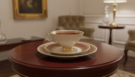 Teeservice Bavaria mit Vergoldung auf burgunderrotem Hintergrund