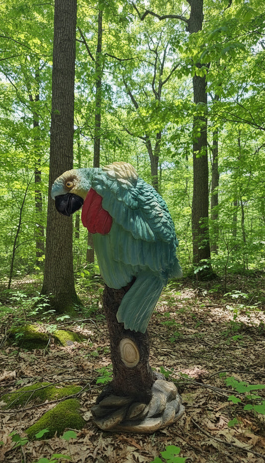 Türkisfarbende Papageien-Figur auf einem Aststumpf ca. 31 cm hoch