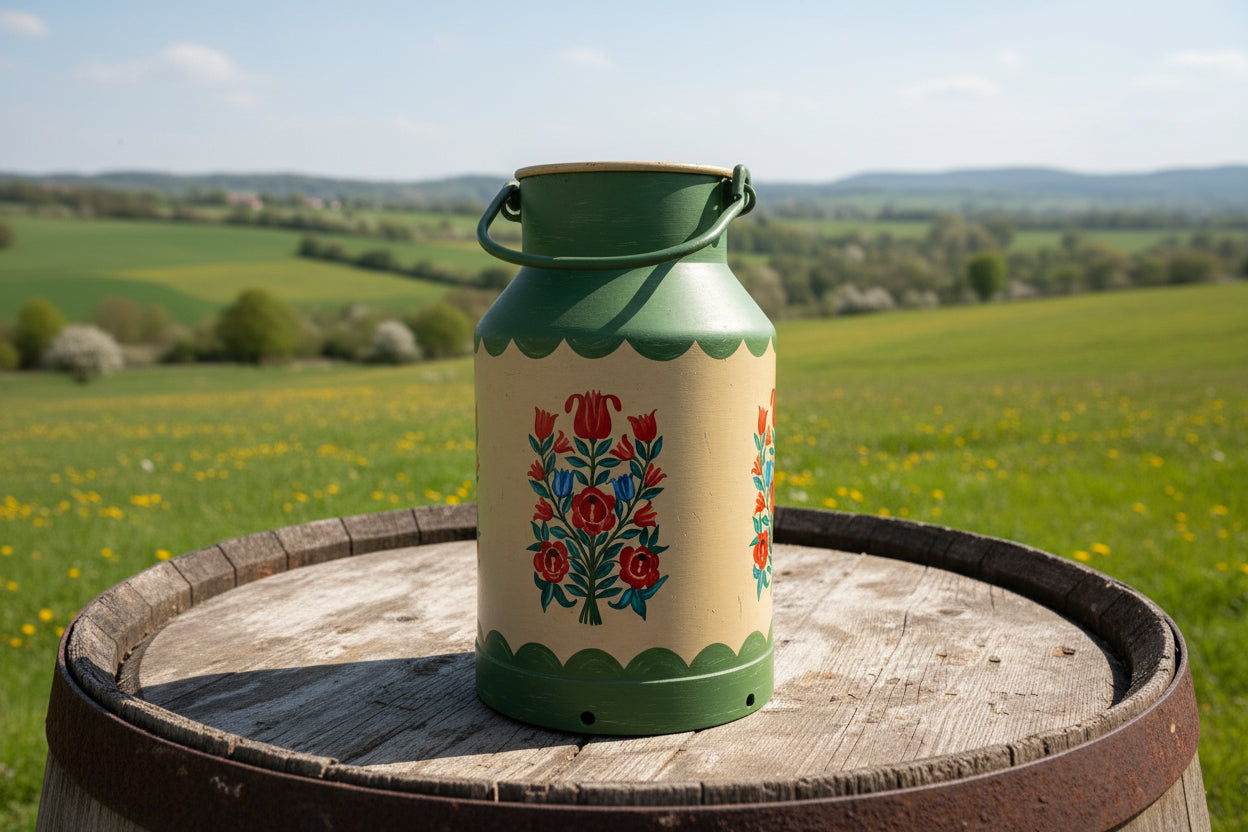 Antikes Milchkännchen mit Bauernmalerei und floralen Motiven ca. 48,5 cm hoch