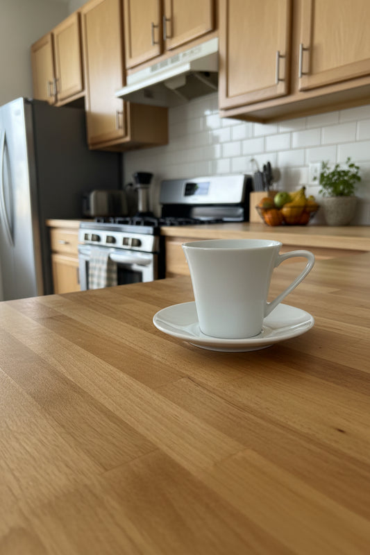 Weiße Espressotasse mit Unterteller und moderner Kelchform ca. 6 cm hoch