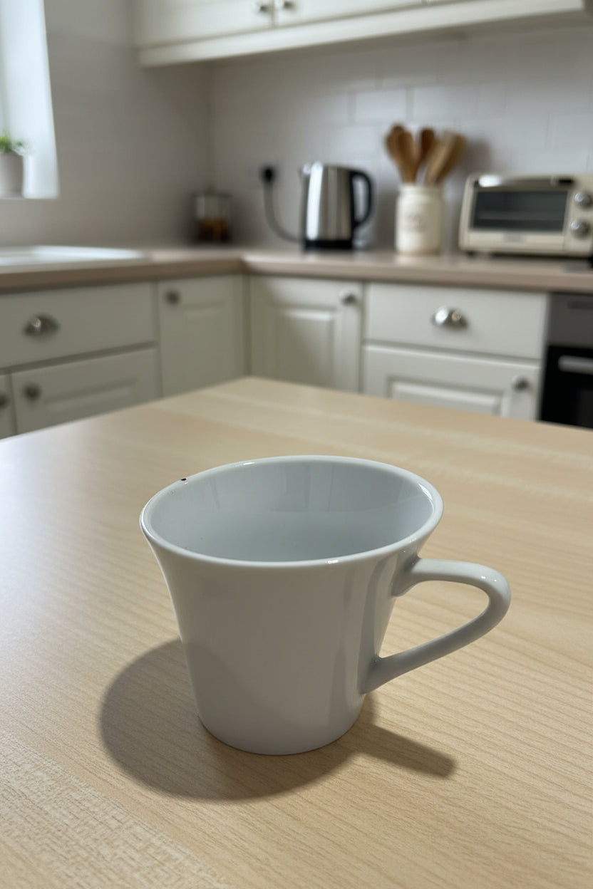 Weiße Espressotasse mit Unterteller und moderner Kelchform ca. 6 cm hoch