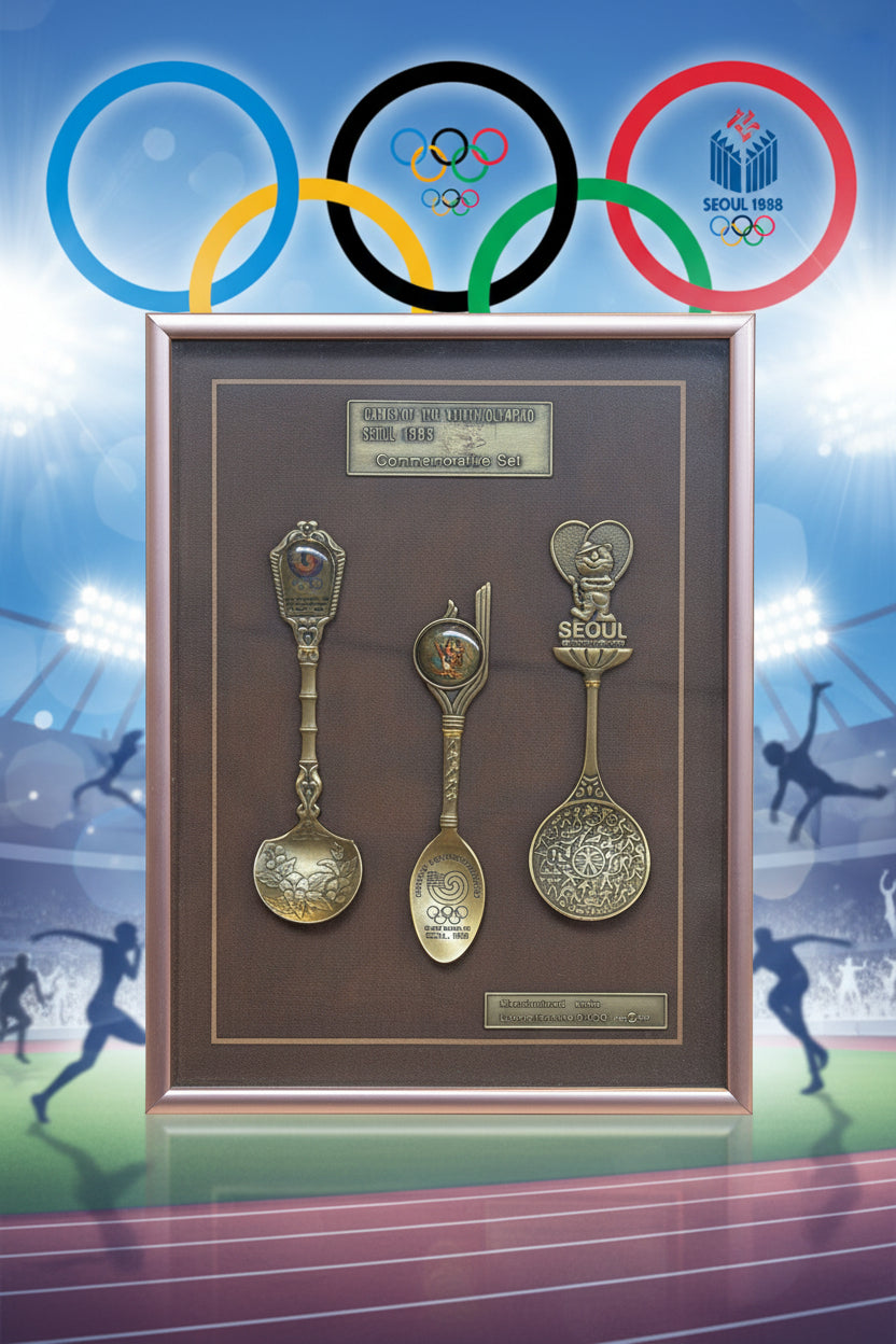 Gerahmtes Gedenkset der Olympischen Spiele 1988 in Seoul mit drei dekorativen Löffeln aus Messing