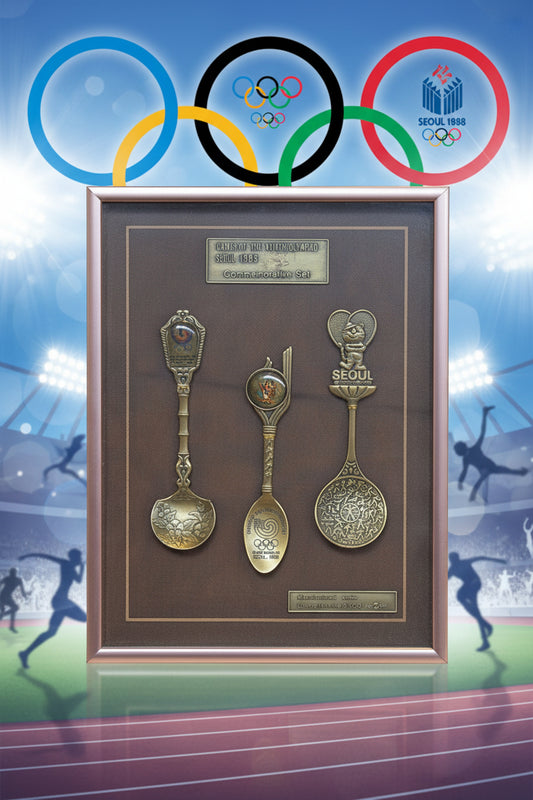 Gerahmtes Gedenkset der Olympischen Spiele 1988 in Seoul mit drei dekorativen Löffeln aus Messing