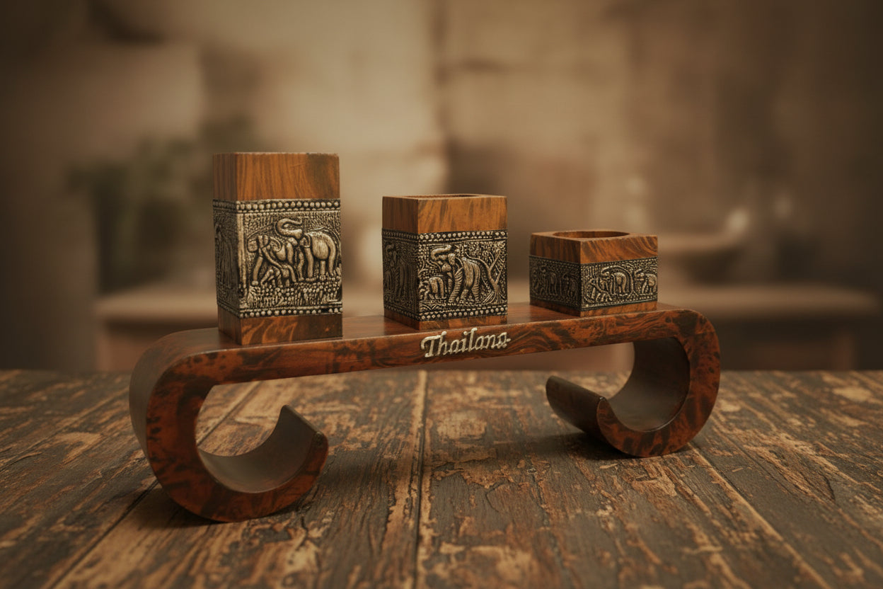 Holz Kerzenhalter mit Elefanten Motiven ca. 17 cm hoch