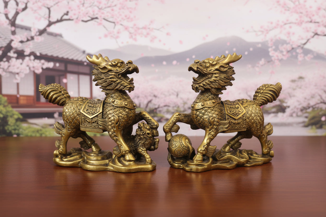 2er-Set goldfarbene Qi Lin Statuen ca. 16 cm hoch