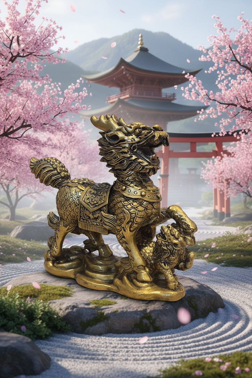 2er-Set goldfarbene Qi Lin Statuen ca. 16 cm hoch