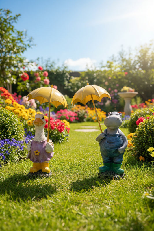 2er-Set Dekofiguren Ente & Nilpferd mit Regenschirm