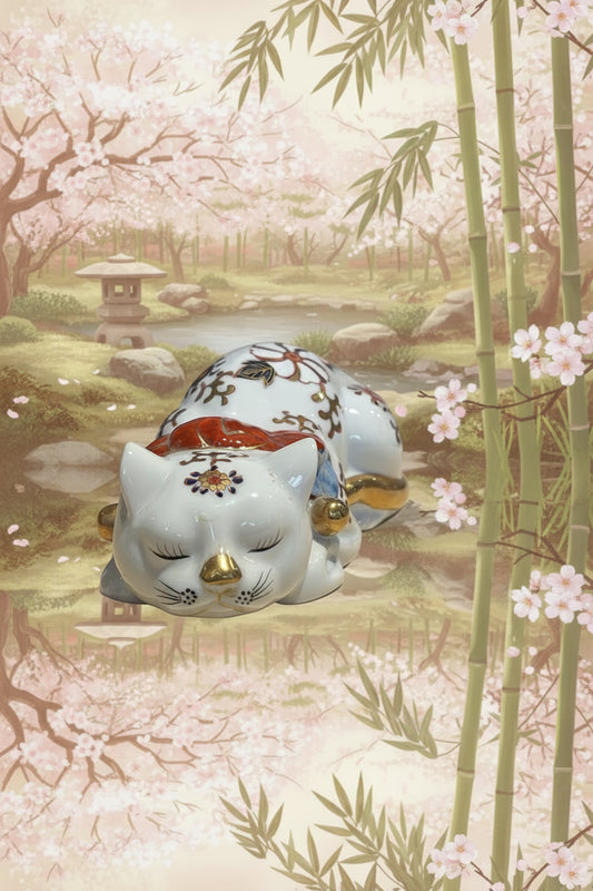 Schlafende Katze Japanische Porzellanfigur mit floralen Muster
