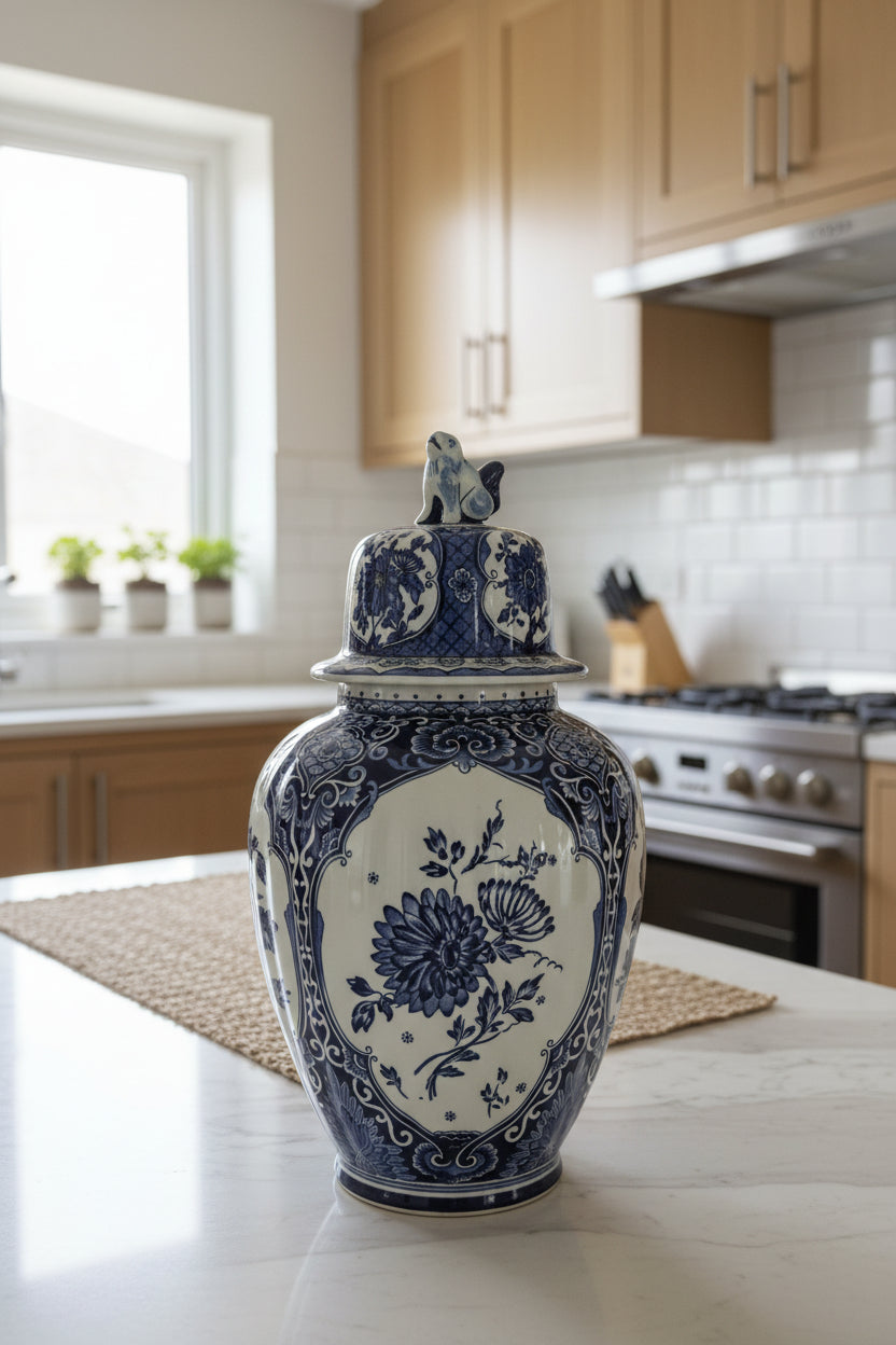 Deckelvase in einem Delfter Blau der Manufaktur Boch ca. 39 cm hoch