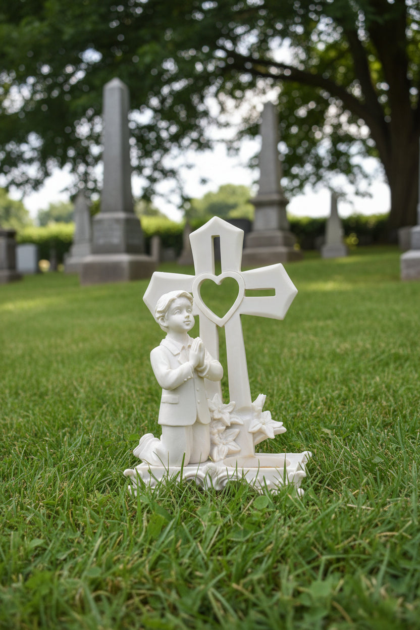 Betender Junge vor einem kreuz für Teelichter